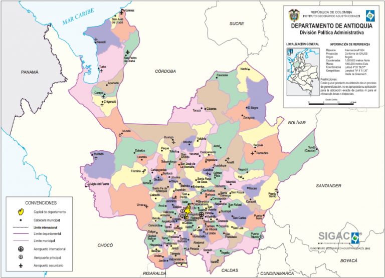 Mapa de Antioquía con municipios Departamento de Colombia para