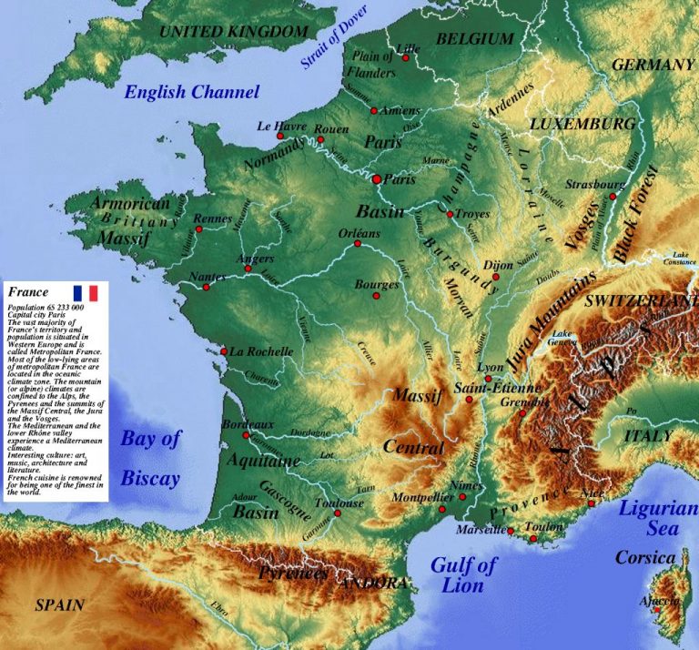 Mapa De Francia Con Regiones Y Departamentos Mapas De Francia Para   FrancePhysicalMap 768x714 